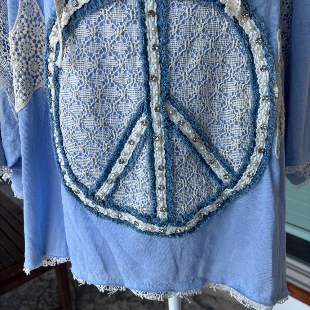 POL Blue and Cream Peace Sign Hoodie - Picture 2 of 10